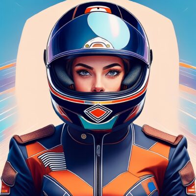 Illustrazione di una pilota con il casco integrale e la visiera aperta, in tuta da gara blu e arancione